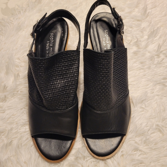 Sofia Milano Made in Italy black open toe wedges - Picture 12 of 12